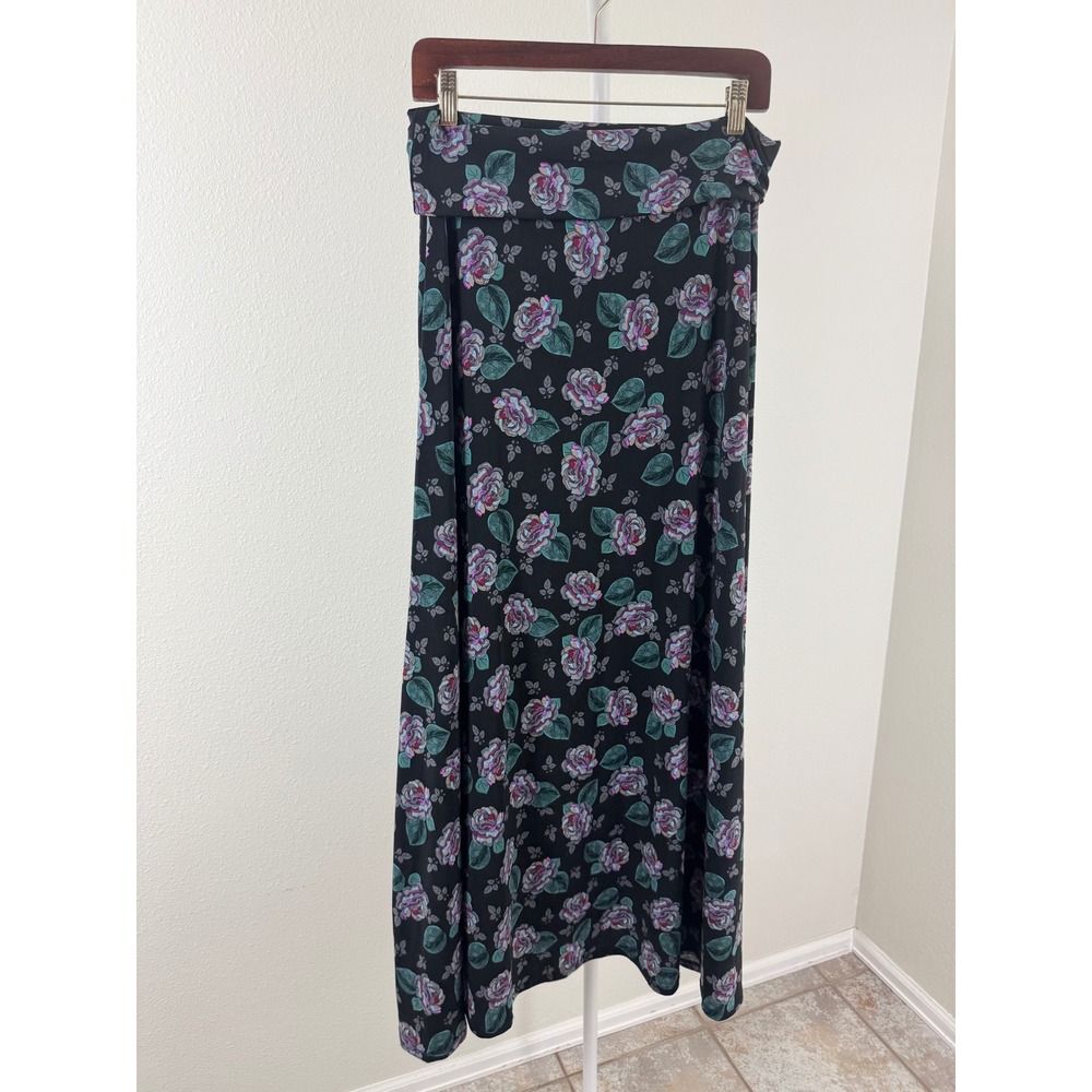 Black Floral Rose Maxi Skirt Boho Dark Academia Stretch Foldover Waist